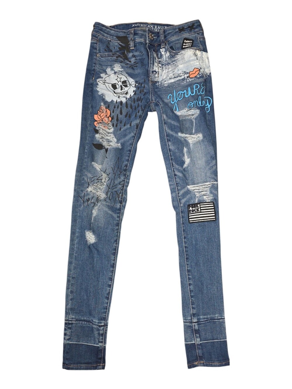 American Eagle Punk Graffiti Distressed Skinny Jeans Streetwear Art Size 2 - Picture 2 of 3